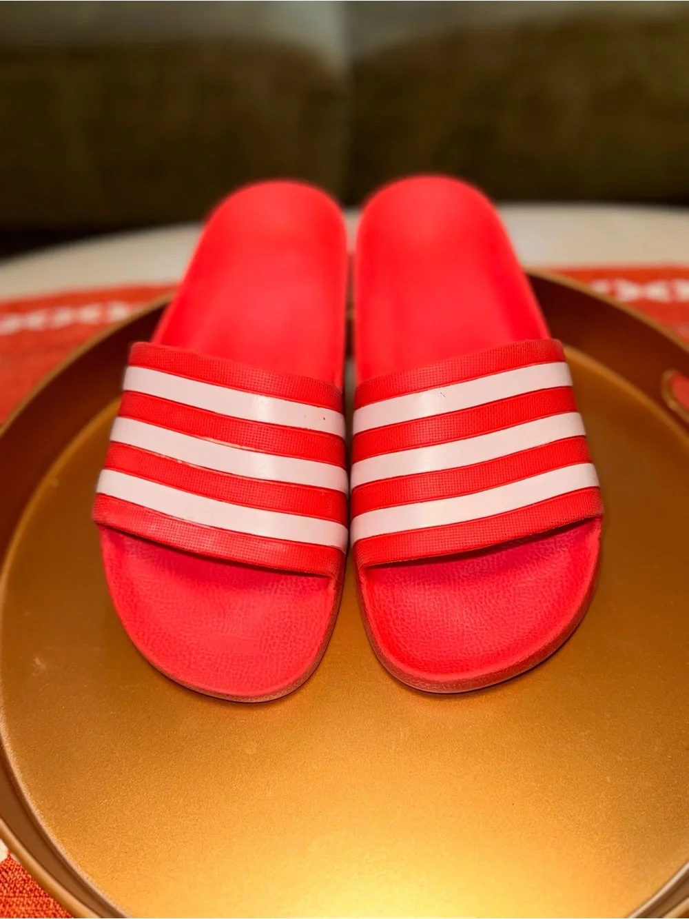 adidas Red Slides with White Stripe Detail